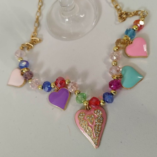 Girly cute necklace with pink enamel hearts and crystals new