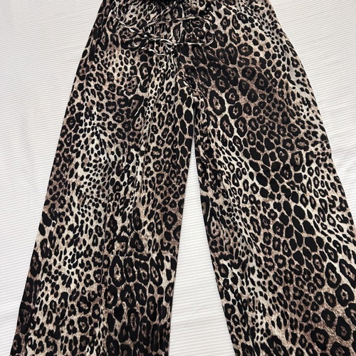 Leopard print palazzo pants with elastic waist and drawstring
