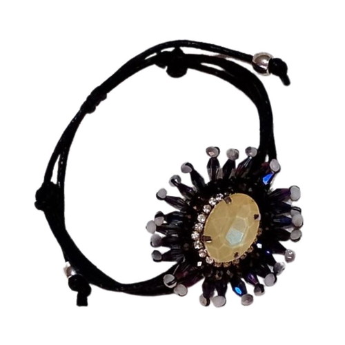 Bracelet with ecru stone, rhinestones and crystals in black, iridescent purple and white, new
