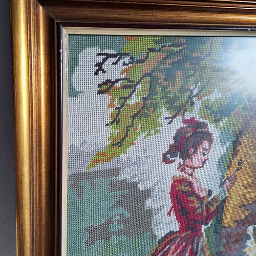 Textile painting with handmade embroidery like new, framed 82x61cm