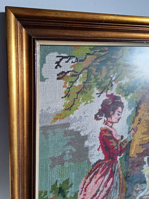 Textile painting with handmade embroidery like new, framed 82x61cm
