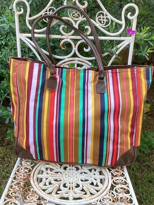 Striped multicolor shoulder bag like new with brown details
