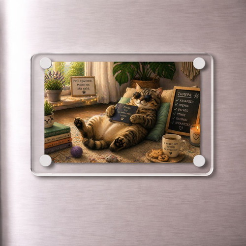 Acrylic fridge magnet "Μην αγχώνεσαι" Relax Cat Mood new