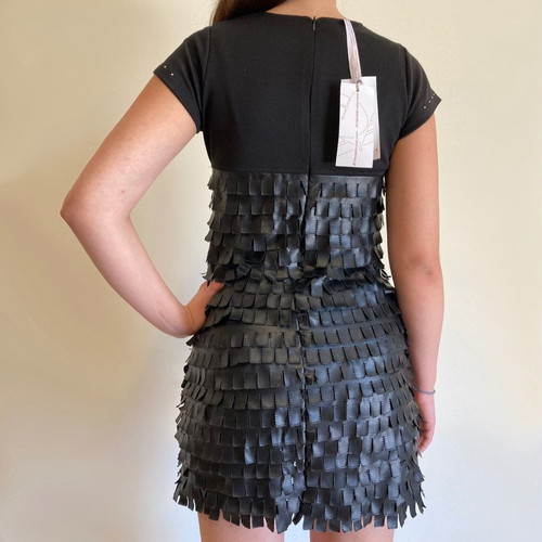 Black leather mini dress Raxevsky new, with fringes and zipper