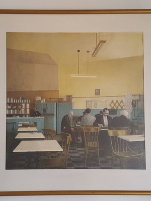 Silk screen printing painting "Kafeneio" by Tasos Aridakis used