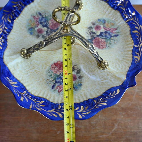 Vintage porcelain raised platter used, 27 cm diameter with brass details
