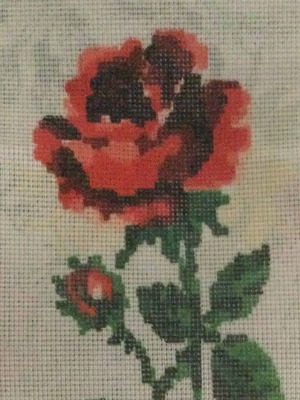 Vintage Unstitched Gobelin Canvas Red Rose with Bud