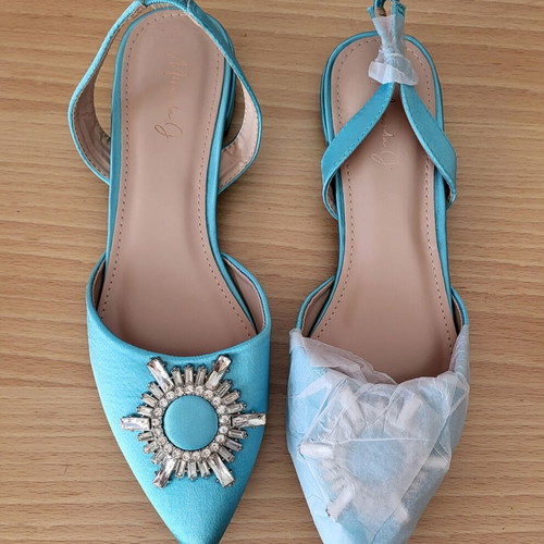Flat mules new, turquoise satin with crystals, size 40