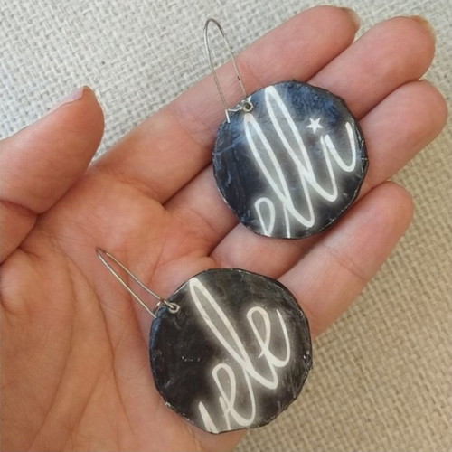 Double-sided earrings handmade from recycled paper in red and black