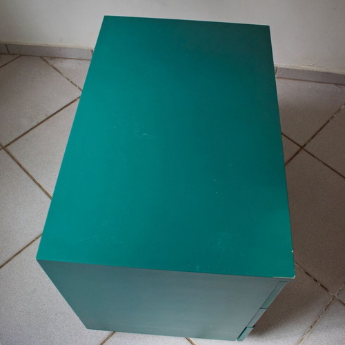 Wooden drawer cabinet used green with 3 drawers and wheels