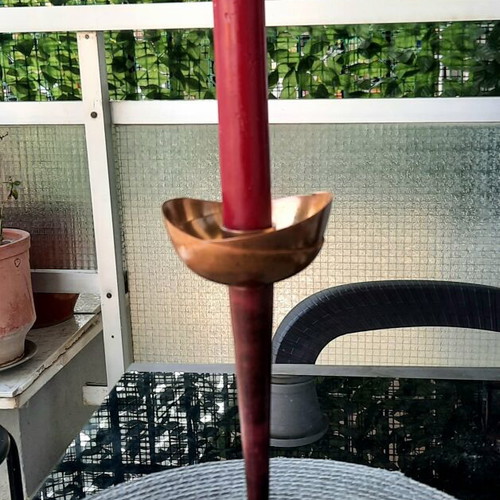 Vintage brass candlestick 20cm with burgundy enamel, excellent condition