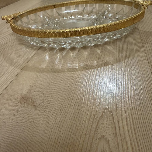 Vintage oval crystal serving platter with bronze handles