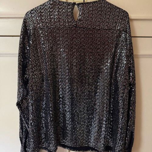 Zara Long-Sleeve Sequin Blouse New, Black with Silver