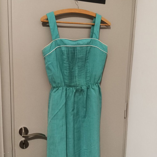 Vintage Teal Midi Dress with Pleats and White Details, Vinyl Art Clothing