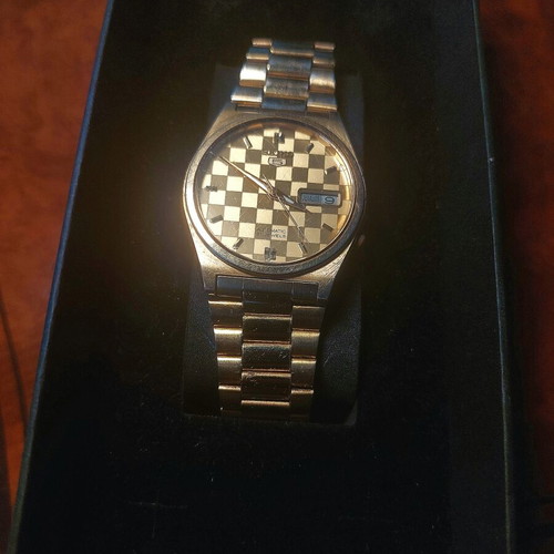 Seiko 5 Automatic 21 Jewels Vintage Watch Used Gold Checkboard Dial