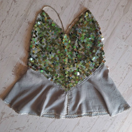 Sequin top with open back, new, green, size S