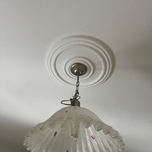 White ceiling light with silver chain, glass