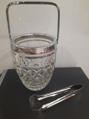 Vintage crystal ice bucket with metal handle and tongs like new