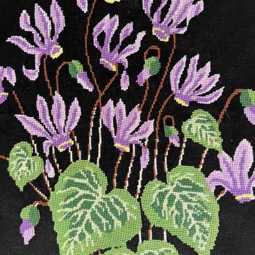 Handmade embroidery "Purple Cyclamens on Black Background" like new