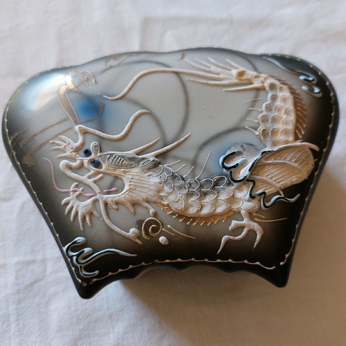 Japanese dynasty fondant dish with dragon in gray colors used 14×5 cm