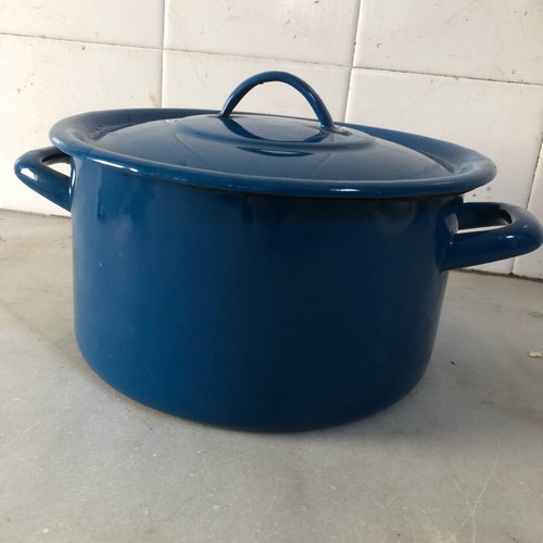 Enamel cookware set used, teapot and pot