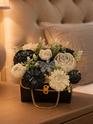 Decorative bag with golden chain and scented soy wax flowers
