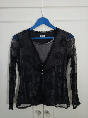 Long-sleeve blouse with lace like new, size M, black and gray