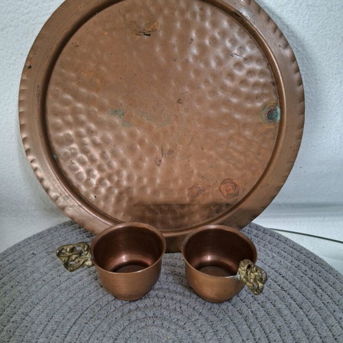 Copper hammered tray with glasses, used, 1960s