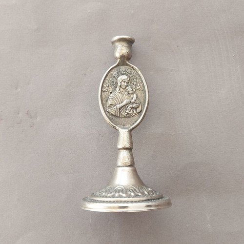 Antique silver-plated Christian candle holder with Panagia Odigitria and Annunciation