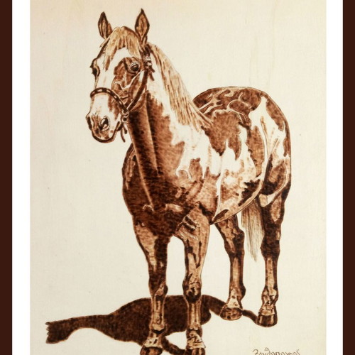 Horse pyrography painting new, linden wood by Triantafyllos Xanthopoulos