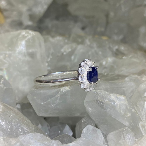 Handmade silver ring with natural blue sapphire and moissanites, new