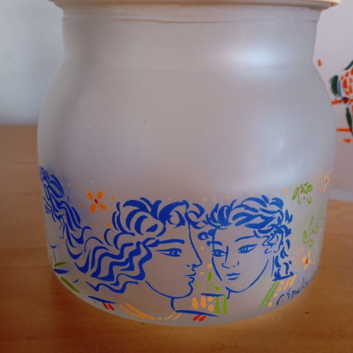 Glass pitcher and sugar bowl with Stathopoulos design, like new, gift included