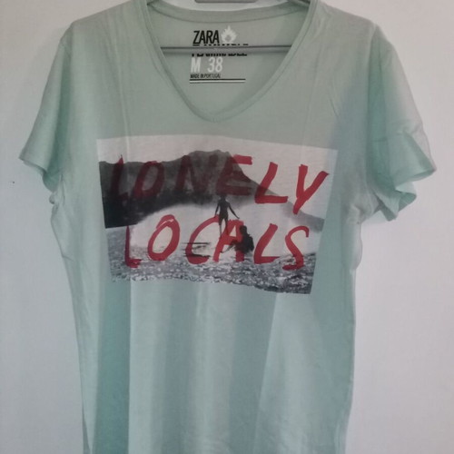 Zara T-shirt, summer V-neck turquoise with print