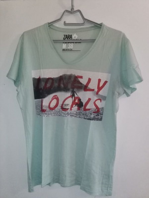 Zara T-shirt, summer V-neck turquoise with print