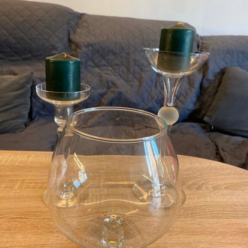 Glass decorative set like new, large bowl and 2 candle holders