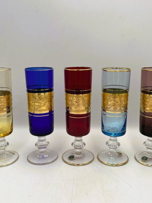 Murano glass set of 5 colorful gold-trimmed glasses like new