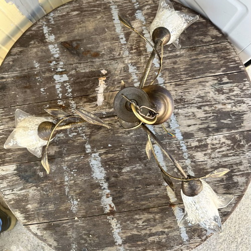Vintage metal 3-light ceiling lamp with glass flower-shaped shades