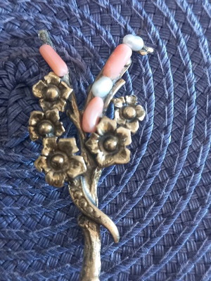 Bronze pin with pearl and coral