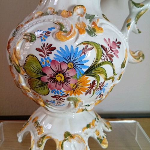 Bassano Italy ceramic jug vase with hand painted floral Rococo design
