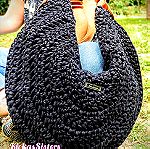  Μεγάλη πλεκτή μαύρη τσάντα στυλ hobo, στρόγγυλη με φερμουάρ από βαμβακερό νήμα