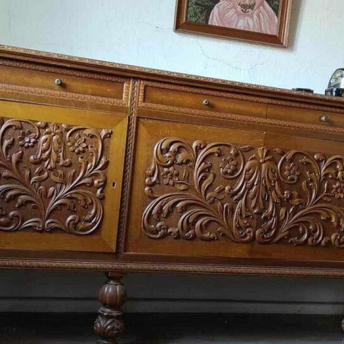 Handmade dining table set for 8 with buffet and mirror, like new