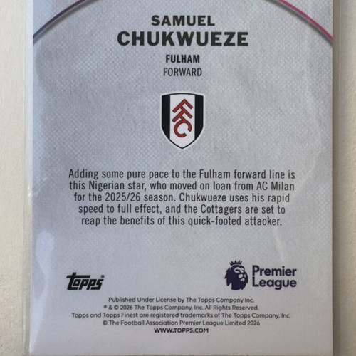 Samuel Chukwueze Topps Finest EPL 2025/26 card like new