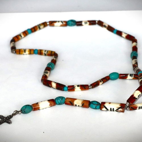 Rosary necklace new with carved bones, semi-precious stones and 925 silver cross