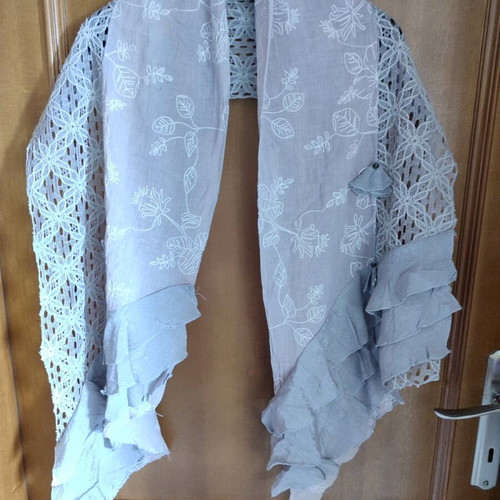 Scarf new with embroidery and lace gray-lilac