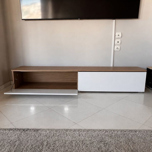 Modern TV unit with wood-effect top and white base