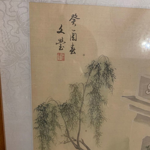 Silk painting used with geishas in wooden frame