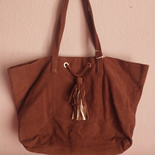 Large brown suede shoulder bag with tassels tote bag new