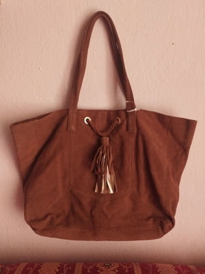 Large brown suede shoulder bag with tassels tote bag new