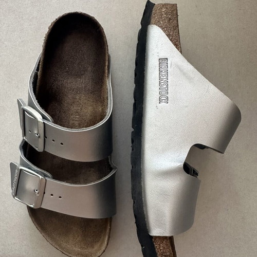 Birkenstock silver leather slippers, size 38