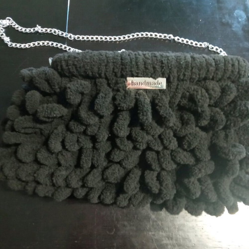 Handmade black knitted shoulder bag new with Puffy Alize yarn